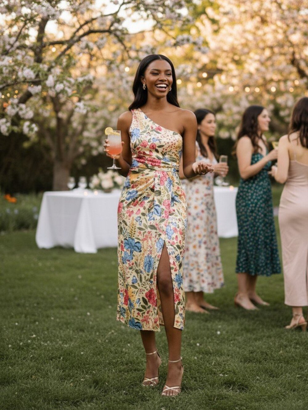 Lulu's One-Shoulder Floral Midi Dress in Cream, Blue, Pink